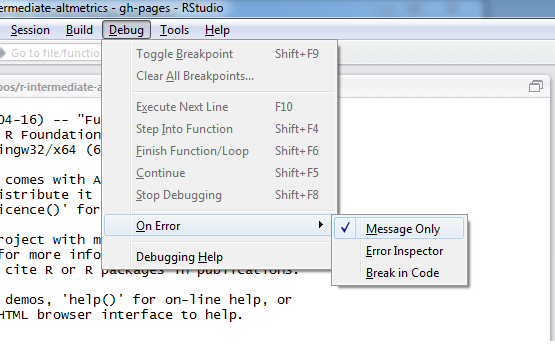 Configure RStudio debugging options